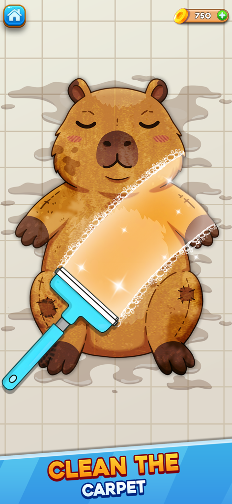 Squeegee cleaning a capybara shaped carpet in an ASMR game