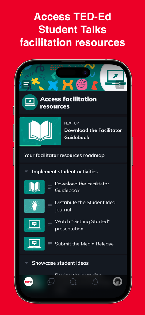 Mobile app interface for TED-Ed Community highlighting facilitator resources and student activity guides