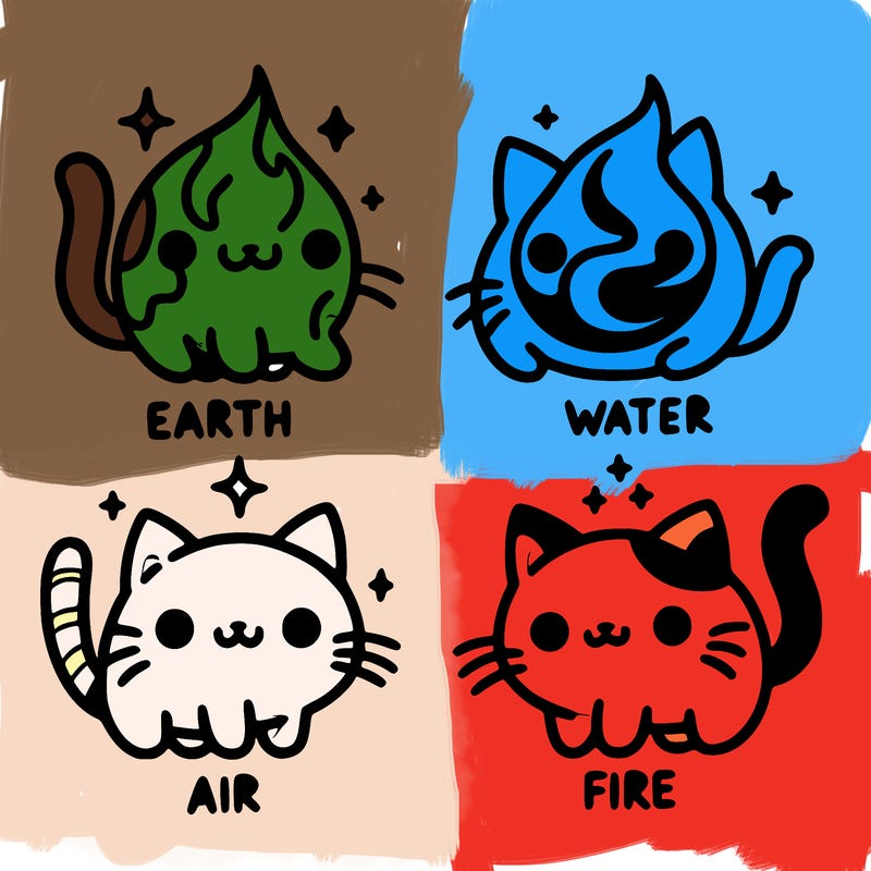 4 cats that represent the different elements, earth, water, air, and fire