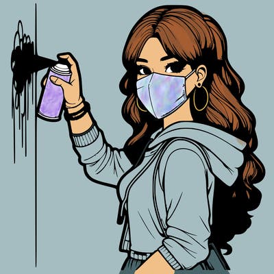 realistic girl with mask spray painting a wall