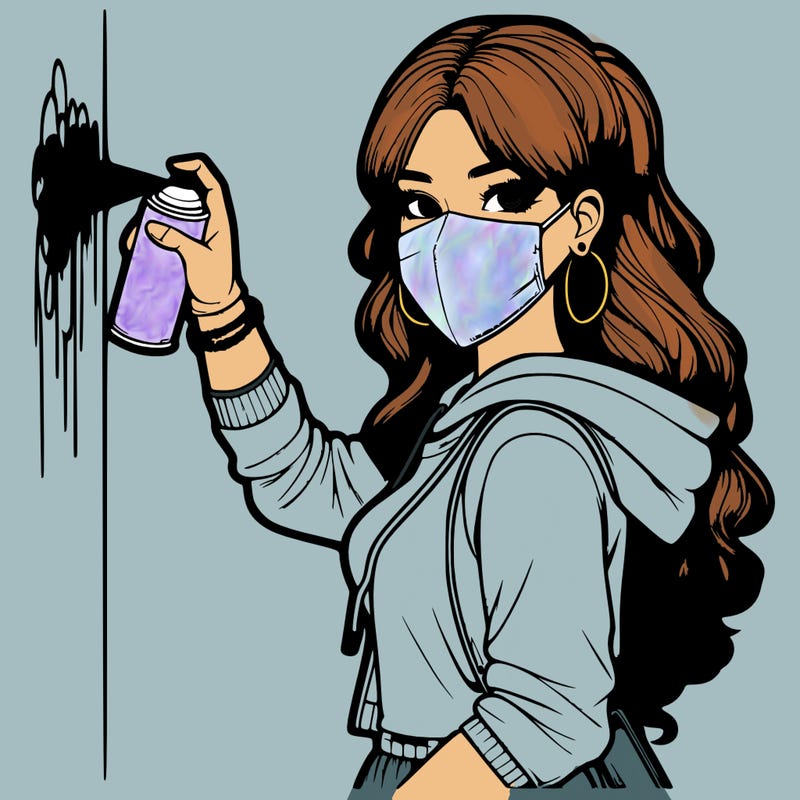 realistic girl with mask spray painting a wall