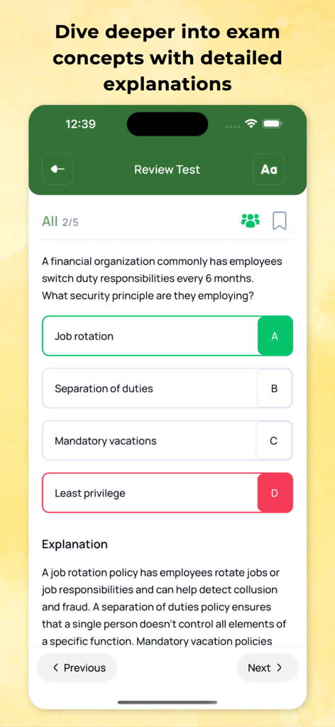 ISC2 Official app screenshot showing a cybersecurity practice question with a detailed explanation of concepts.