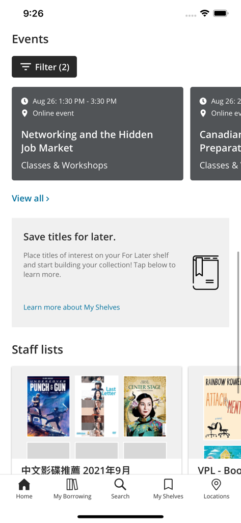 The Vancouver Public Library mobile app home screen showing library events and staff book recommendations