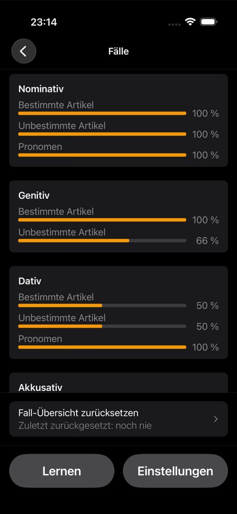 ArtikelMeister - Um painel de progresso no aplicativo ArtikelMeister mostrando porcentagens de domínio para casos alemães como Nominativo e Genitivo.
