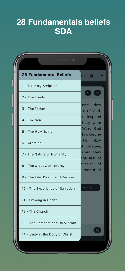 The 28 fundamental beliefs SDA - A mobile interface of the SDA 28 Fundamental Beliefs app showing a list of doctrines including The Holy Scriptures and The Trinity