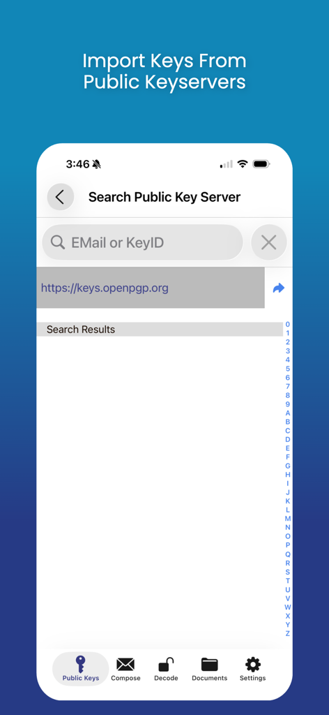 iPGMail - Interface of the iPGMail app showing the search screen for importing PGP keys from public keyservers.