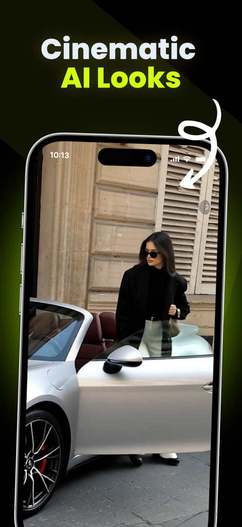 Create Videos for Higgsfield - Smartphone screen displaying a cinematic AI generated video of a woman next to a luxury car in the Higgsfield app