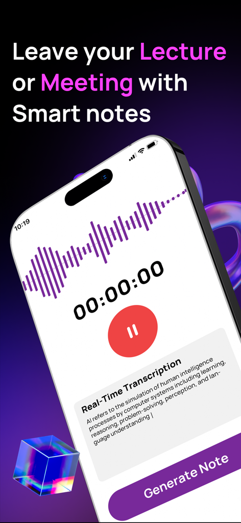 NovaTutor.AI: Video Tutor - Smartphone displaying the real-time lecture transcription and recording interface of the NovaTutor AI app.