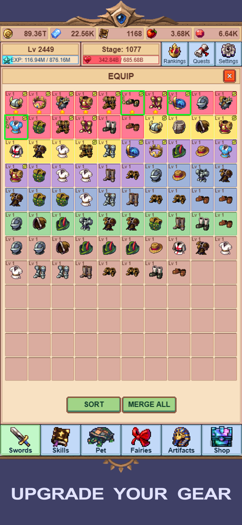 Idle Sword Master equipment menu featuring pixel art gear and upgrade options