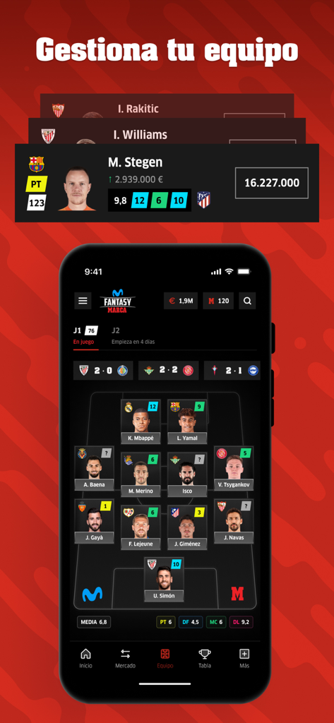 Fantasy MARCA - Pantalla de gestión de equipo de la aplicación móvil MARCA Fantasy mostrando cromos de jugadores de fútbol y la alineación