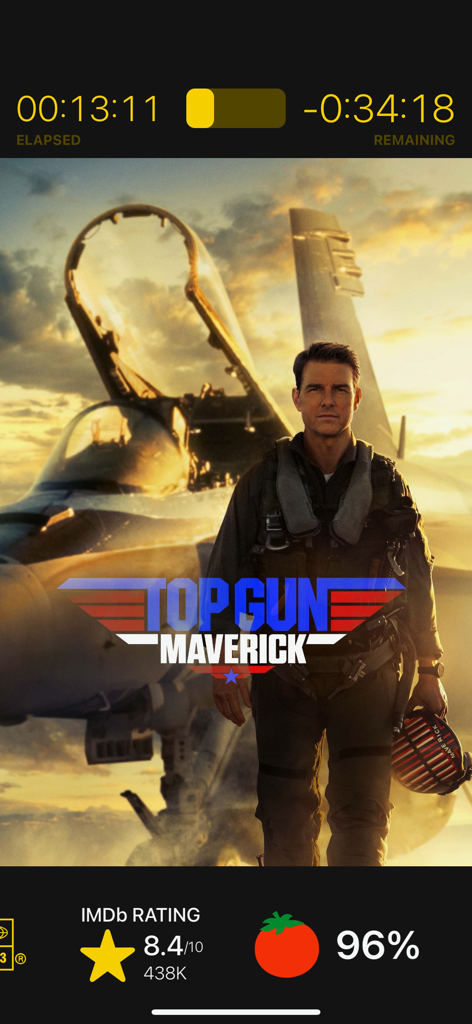 Now Showing – Movie Poster TV - Top Gun Maverick movie poster display on the Now Showing app with playback progress and ratings