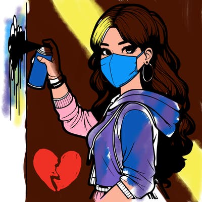 realistic girl with mask spray painting a wall