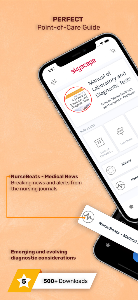Interfaz de la aplicación Guía de Laboratorio y Pruebas Diagnósticas en un iPhone, destacando su guía de punto de atención y funciones de noticias médicas para enfermeras.