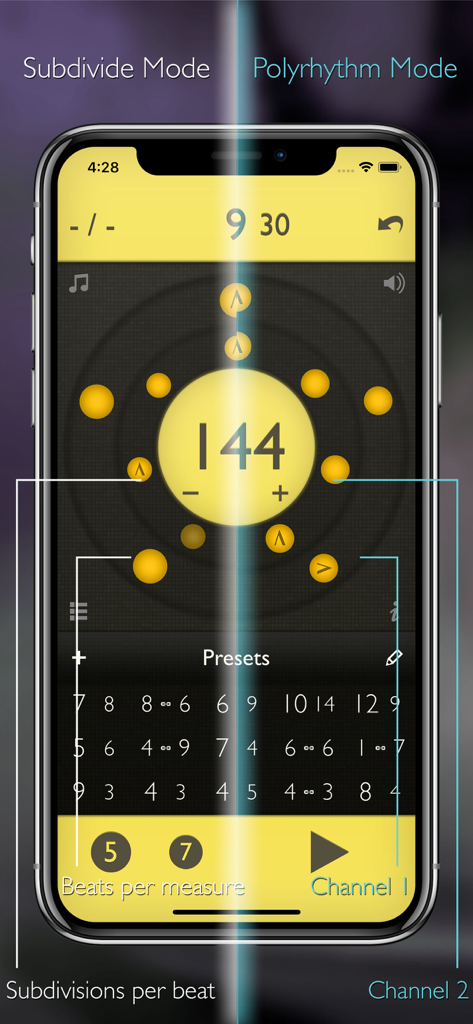 Interface de l'application métronome Tempo Advance montrant la comparaison entre les modes subdivisé et polyrythmique.