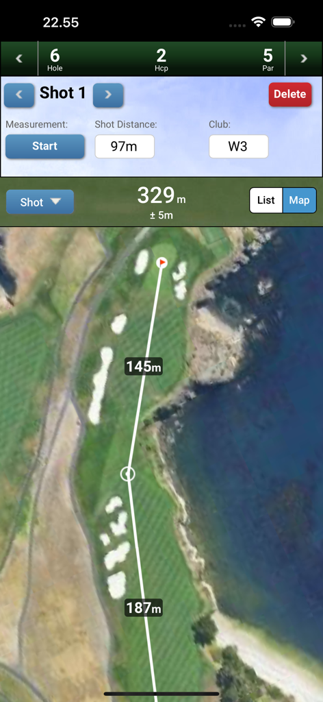 Vista mappa GPS nell'app mScorecard che mostra le distanze dei colpi di golf e il tracciamento del bastone su un campo