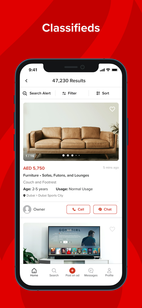 dubizzle - Interface de l'application mobile Dubizzle affichant des annonces classées de meubles et d'électronique à Dubaï