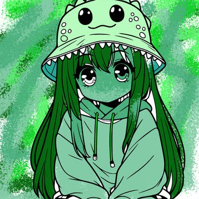 girl with anime shaped eyes with a dinosaur bucket hat oversized sweatshirt long straight hair