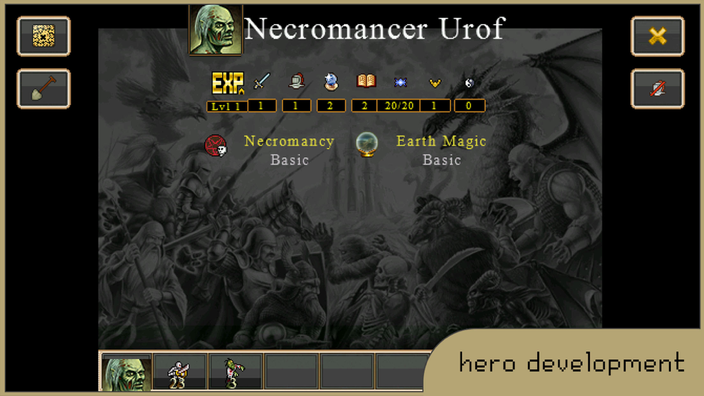 Hero development interface for a Necromancer in PK2 Remastered showing character stats and skills