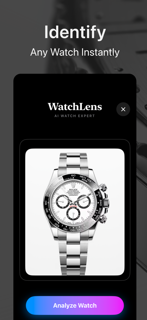 WatchLens: Watch Identifier - WatchLens app screen showing the instant identification feature with a Rolex Daytona