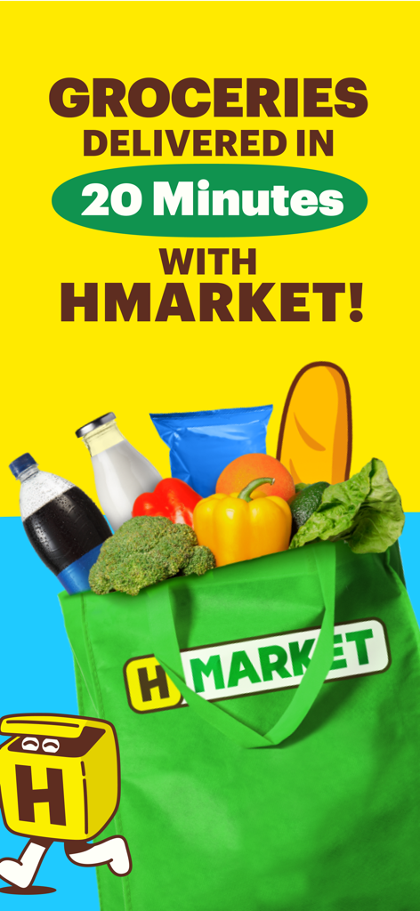 HungerStation - Food Delivery - Werbung für HMarket-Lebensmittellieferung von HungerStation mit einer Tüte voller frischer Lebensmittel und dem Versprechen einer Lieferung in 20 Minuten.