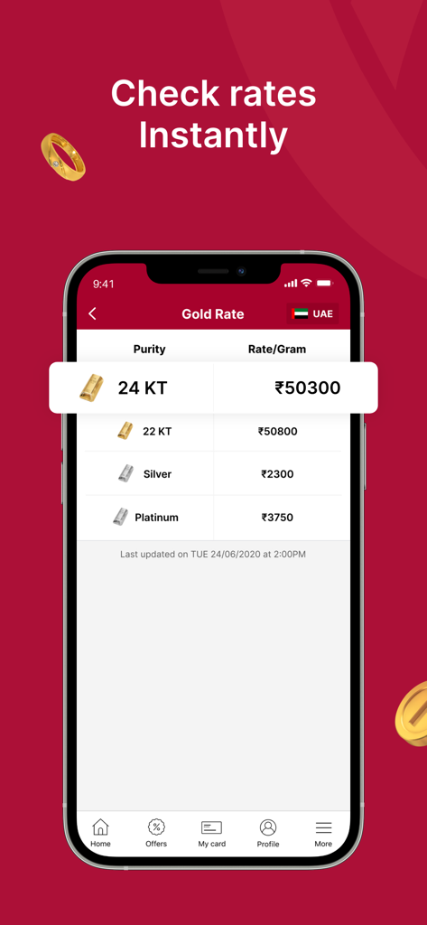 Joyalukkas - Interface de l'application Joyalukkas affichant les taux d'or et d'argent en temps réel