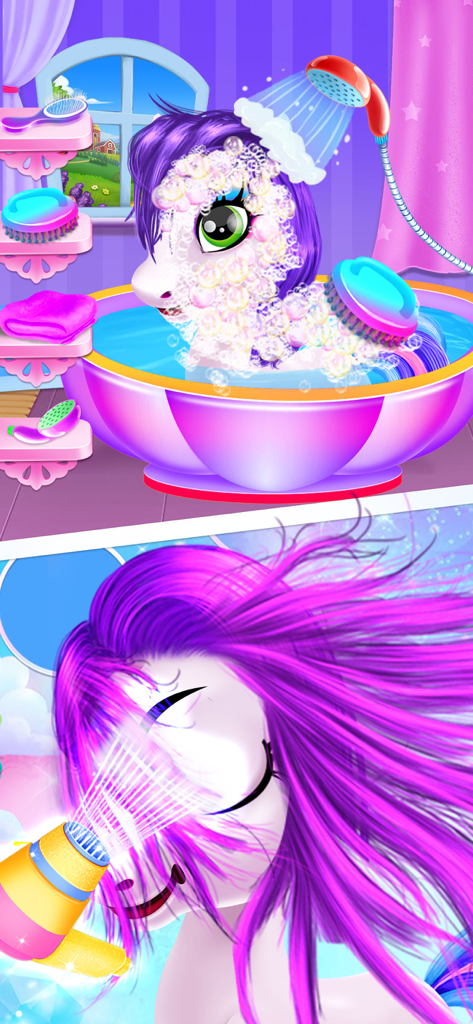 Pony Dress up - Pony Games - Gameplay scene showing a pony being washed in a pink bathtub and getting its purple hair blow-dried.