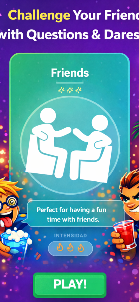 Interfaccia del gioco MACAJAY Truth or Dare per il mazzo Amici con un pulsante Gioca e un tema festivo