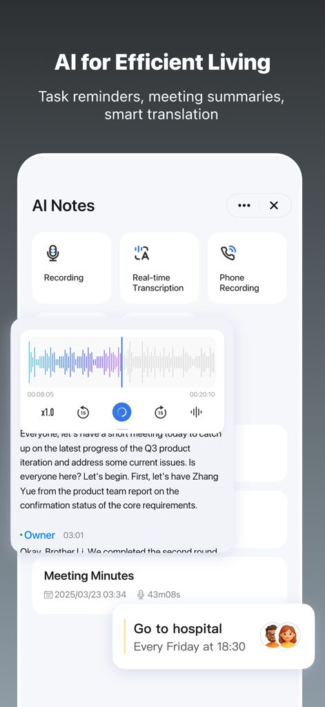 Tuya Smart Life app interface showing AI Notes with meeting transcription and task reminders
