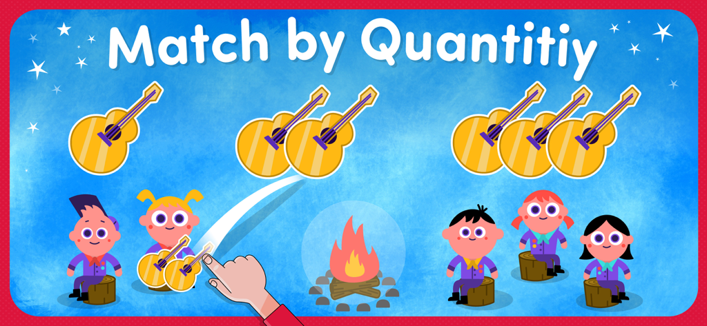 123 Toddler games for 2 3 year - Educational toddler game screen for matching guitar quantities in a campfire camping theme