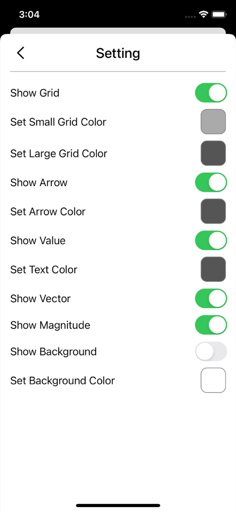 Settings screen of the Vector Calculator Plus app showing customization options for the vector graph appearance including grid and arrow colors.