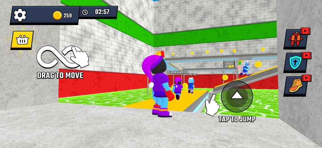 Escape from Dungeon World - Gameplay screenshot of Escape from Dungeon World showing a character in a 3D obstacle course with touch controls