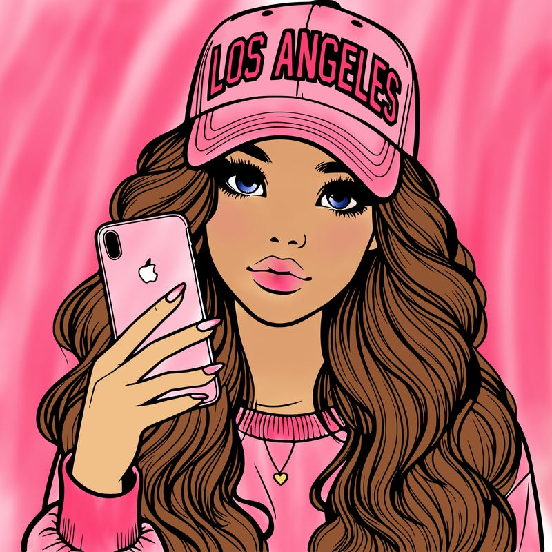 realistic beautiful girl wearing los ángeles cap holding an iphone