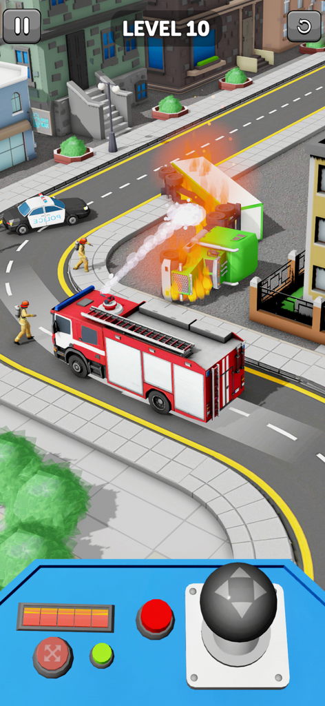 Un camion de pompiers éteignant un incendie sur un camion renversé dans un niveau de simulation de conduite en ville 3D