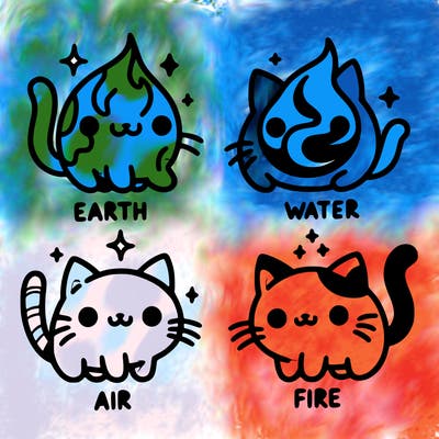 4 cats that represent the different elements, earth, water, air, and fire