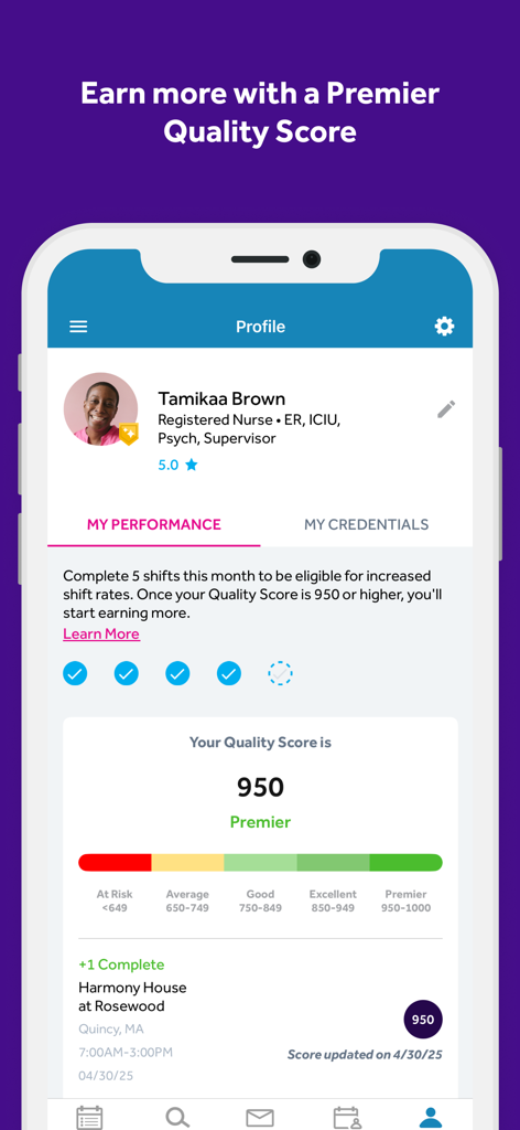 IntelyCare - Nursing Jobs - User profile in the IntelyCare app displaying a Premier Quality Score for a Registered Nurse.