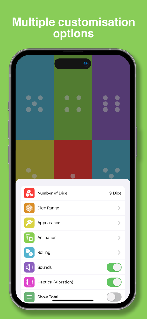 Menu de configurações do aplicativo Dice Roller mostrando várias opções de personalização, incluindo intervalo de dados, aparência, sons e feedback tátil