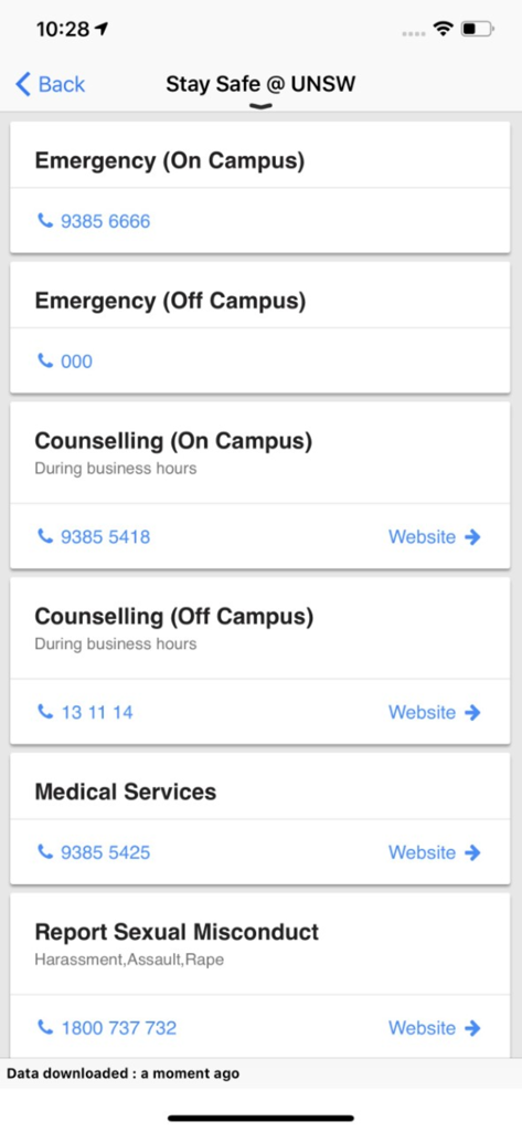 UNSW Uni-Verse: Official - Stay Safe screen on the UNSW Uni-Verse app displaying emergency and counseling contact numbers for on and off campus