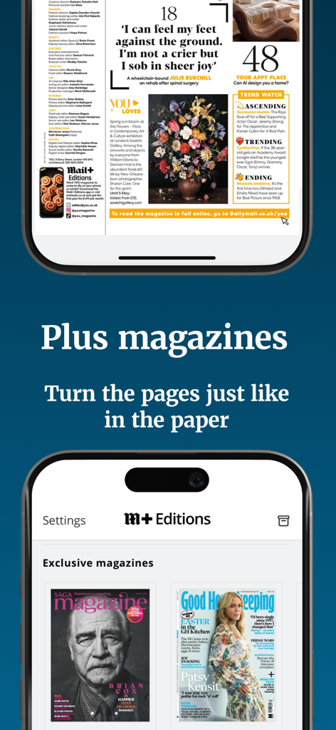 Two mobile phone screens showing the Daily Mail Plus magazine features including digital magazine covers and layouts that mimic a printed newspaper
