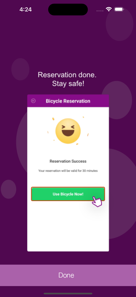 SBS Transit - A mobile app screen showing a successful bicycle reservation confirmation with a green Use Bicycle Now button