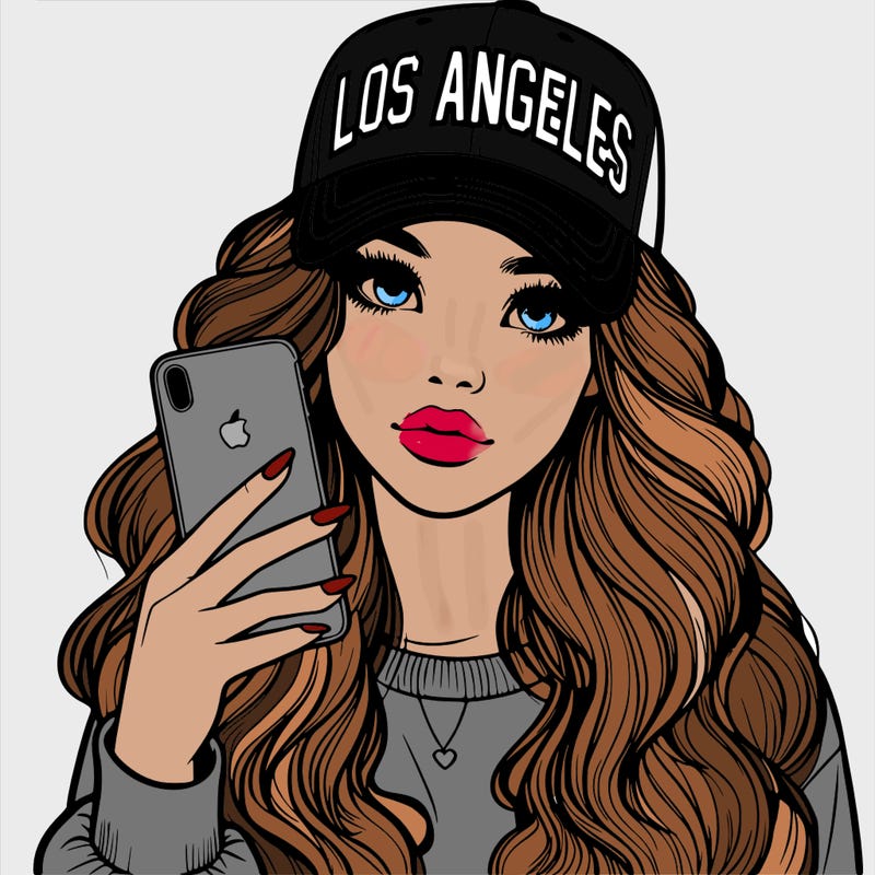 realistic beautiful girl wearing los ángeles cap holding an iphone