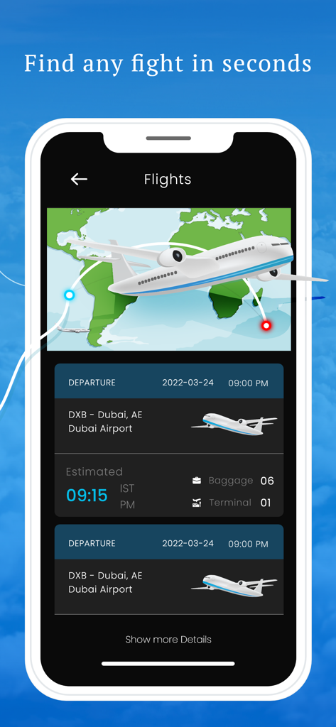 フライトステータスアプリのインターフェース。ライブ世界地図と詳細なフライト到着情報が表示されています
