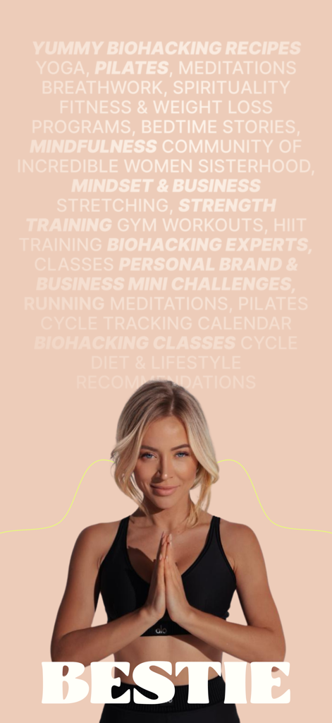 Bestie Cycle Tracker by Aggie - Aggie Lal in a yoga pose with a background listing wellness features like biohacking, yoga, and pilates for the Bestie app