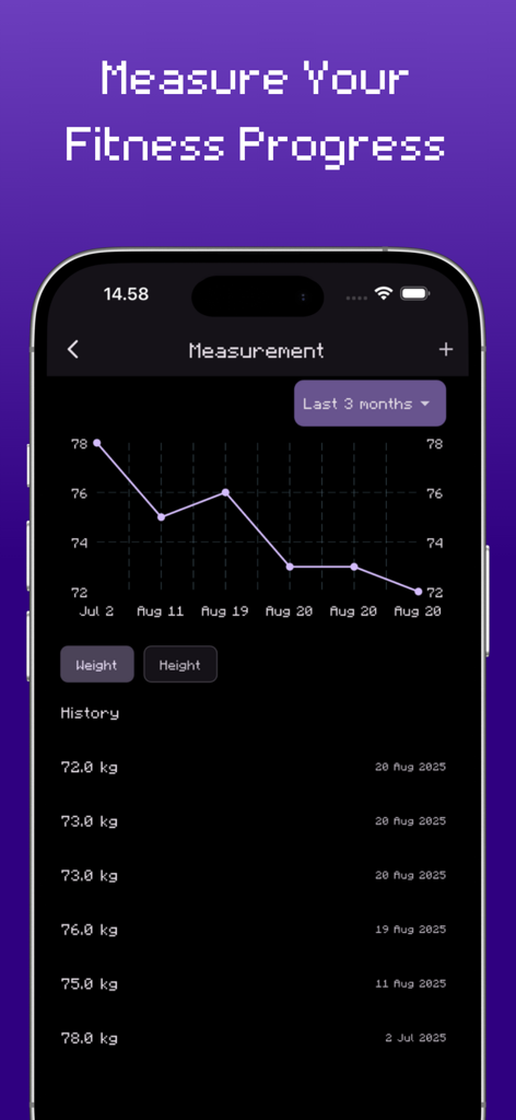 RPGFitness: Workout Tracker - A weight measurement screen from the RPGFitness app showing a progress chart and historical weight logs in a pixelated RPG style.