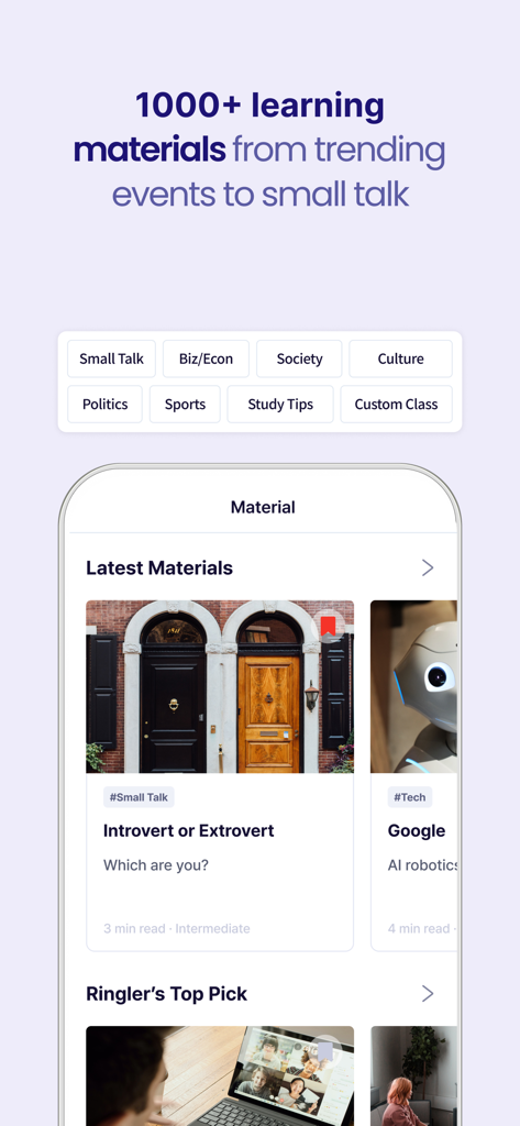 Ringle - 1:1 Online English - Écran de l'application Ringle montrant divers sujets d'apprentissage de l'anglais, notamment les affaires, la société et l'actualité