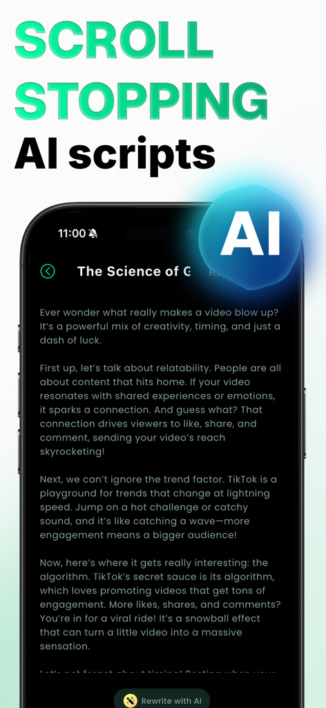 Teleprompter Video ™ - Interfaz de la aplicación móvil Teleprompter Video mostrando un guion generado por IA para contenido viral en redes sociales.