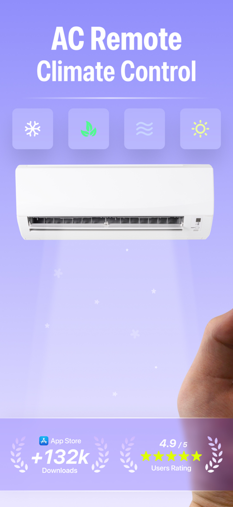 Interface do aplicativo Air Conditioner Pro mostrando recursos universais de controle de clima e altas avaliações dos usuários