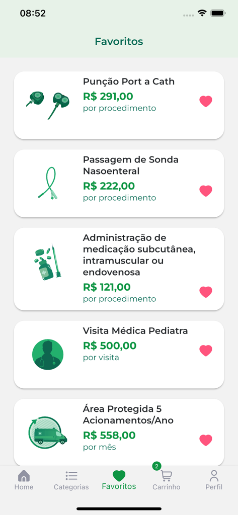 Home Doctor - Home Doctor app favorites page listing medical services and prices