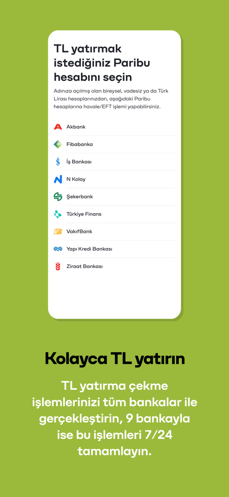 Paribu | Bitcoin - Crypto - Mobile app screen of Paribu showing a list of 9 integrated Turkish banks for 24/7 Turkish Lira deposits