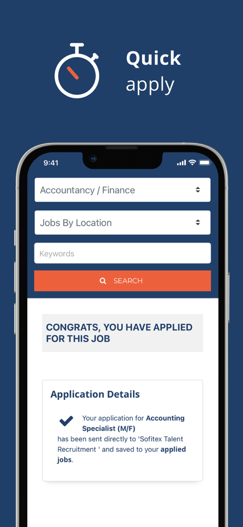 jobs.lu – Job Search App - Smartphone-Bildschirm, der eine erfolgreiche Bewerbung für einen Buchhaltungsspezialisten in der jobs.lu-App zeigt