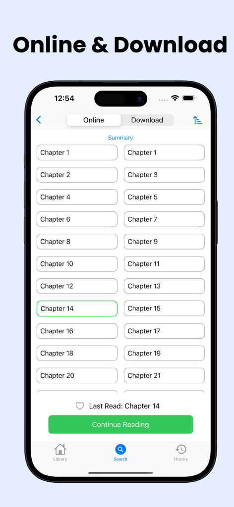 MangaBoya - Webtoons & Comics - Screenshot of the MangaBoya app interface showing a list of manga chapters with online and download reading options